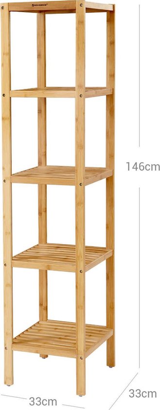 Étagère de salle de bain en bambou à 5 niveaux, étagère sur pied, étagère de cuisine, 33 x 33 x 146 cm