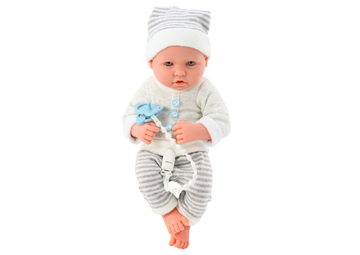 Poupée pour bébé en vêtements blancs et gris rayés, chapeau, sucette, couette